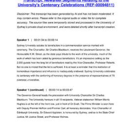 Newsreel Segments Relating to the University's Centenary Celebrations - Transcript