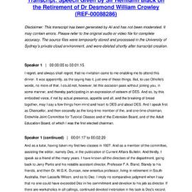 Speech Given by Sir Hermann Black on the Retirement of Dr Desmond William Crowley - Transcript