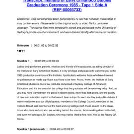 Institute of Early Childhood Studies Graduation Ceremony 1985 - Tape 1 Side A - Transcript