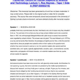 Centre for Human Aspects of Science and Technology Lecture 1, Ros Haynes - Tape 1 Side A - Transcript