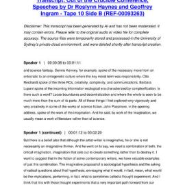 Out of the Crucible Conference, Speeches by Dr Roslynn Haynes and Geoffrey Ingram - Tape 10 Side B - Transcript