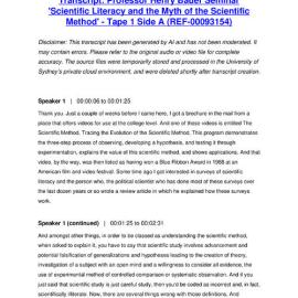 Professor Henry Bauer Seminar 'Scientific Literacy and the Myth of the Scientific Method' - Tape 1 Side A - Transcript