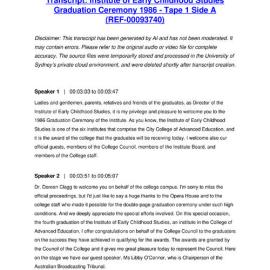 Institute of Early Childhood Studies Graduation Ceremony 1986 - Tape 1 Side A - Transcript