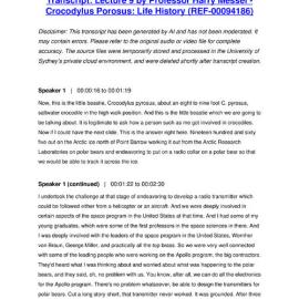 Lecture 9 by Professor Harry Messel - Crocodylus Porosus: Life History - Transcript