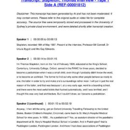 Stapleton, Thomas Interview - Tape 1 Side A - Transcript