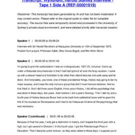 Wyndham, Harold Stanley Interview - Tape 1 Side A - Transcript