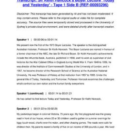 Sir Keith Hancock's Boyer Lecture 'Today and Yesterday' - Tape 1 Side B - Transcript