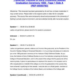 Institute of Early Childhood Studies Graduation Ceremony 1989 - Tape 1 Side A - Transcript