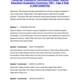 Institute of Technical and Adult Teacher Education Graduation Ceremony 1987 - Tape 2 Side A - Transcript