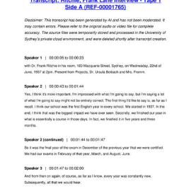 Ritchie, Frank Lane Interview - Tape 1 Side A - Transcript