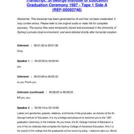 St George Institute of Education Graduation Ceremony 1987 - Tape 1 Side A - Transcript