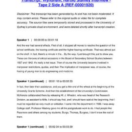 Wyndham, Harold Stanley Interview - Tape 2 Side A - Transcript