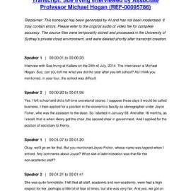 Sue Irving Interviewed by Associate Professor Michael Hogan - Transcript