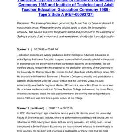 Sydney Institute of Education Graduation Ceremony 1985 and Institute of Technical and Adult Teacher Education Graduation Ceremony 1985 - Tape 2 Side A - Transcript