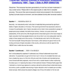 Sydney Institute of Education Graduation Ceremony 1984 - Tape 1 Side A - Transcript