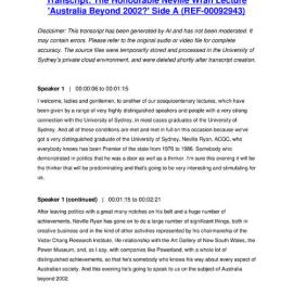 The Honourable Neville Wran Lecture 'Australia Beyond 2002?' Side A - Transcript