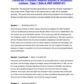 Professor Stephen Boyden's Templeton Lecture - Tape 1 Side A - Transcript