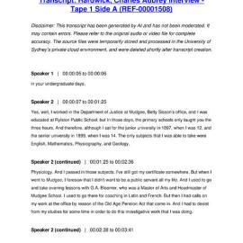 Hardwick, Charles Aubrey Interview - Tape 1 Side A - Transcript