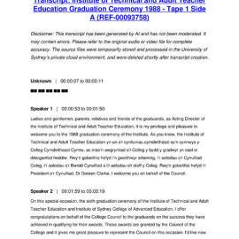 Institute of Technical and Adult Teacher Education Graduation Ceremony 1988 - Tape 1 Side A - Transcript