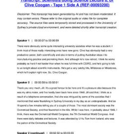 Scientists doing Science Lecture 6, Dr Clive Coogan - Tape 1 Side A - Transcript