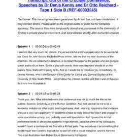Out of the Crucible Conference, Speeches by Dr Denis Kenny and Dr Otto Reichard - Tape 1 Side B - Transcript