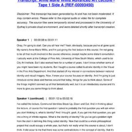 Anne Marie Willis Advanced Art Lecture - Tape 1 Side A - Transcript