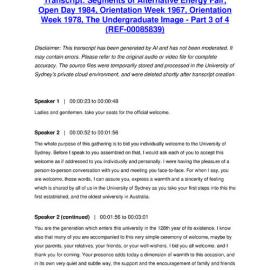 Segments of Alternative Energy Fair, Open Day 1984, Orientation Week 1967, Orientation Week 1978, The Undergraduate Image - Part 3 of 4 - Transcript