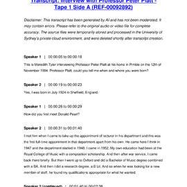 Professor Peter Platt Interviewed by Meredith Taylor - Tape 1 Side A - Transcript
