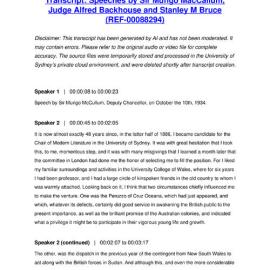 Speeches by Sir Mungo MacCallum, Judge Alfred Backhouse and Stanley M Bruce - Transcript