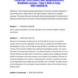 Lord Robert May Sesquicentenary Breakfast Lecture - Tape 2 Side A Copy - Transcript