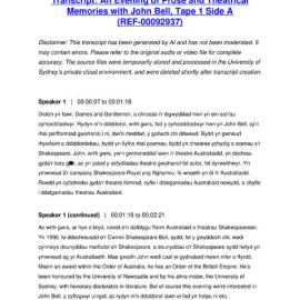 An Evening of Prose and Theatrical Memories with John Bell, Tape 1 Side A - Transcript