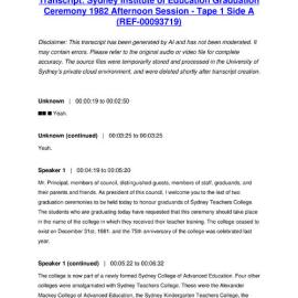 Sydney Institute of Education Graduation Ceremony 1982 Afternoon Session - Tape 1 Side A - Transcript