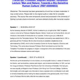 Professor Stephen Boyden Templeton Lecture 'Man and Nature: Towards a Bio-Sensitive Human Culture' - Transcript