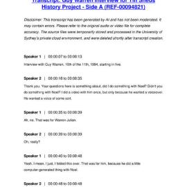 Guy Warren Interview for Tin Sheds History Project - Side A - Transcript