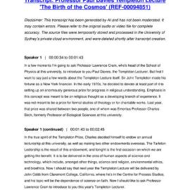 Professor Paul Davies Templeton Lecture 'The Birth of the Cosmos' - Transcript