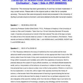 Dr Grafton Elliot Smith Lecture, 'Man and Civilisation' - Tape 1 Side A - Transcript