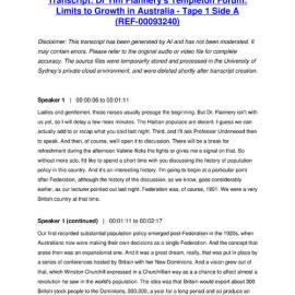 Dr Tim Flannery's Templeton Forum: Limits to Growth in Australia - Tape 1 Side A - Transcript
