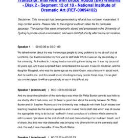 Interview with Bruce Rodda (BR) Williams - Disk 2 - Segment 12 of 18 - National Institute of Dramatic Art - Transcript