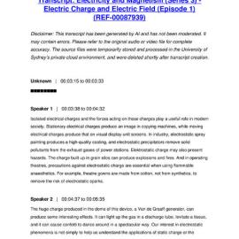 Electricity and Magnetism (Series 3) - Electric Charge and Electric Field (Episode 1) - Transcript