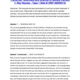 Scientists and Science in Society Lecture 7, Ray Haynes - Tape 1 Side B - Transcript