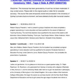 Sydney Institute of Education Graduation Ceremony 1984 - Tape 2 Side A - Transcript