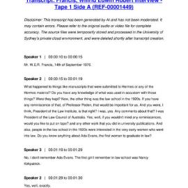 Francis, Wilfrid Edwin Robert Interview - Tape 1 Side A - Transcript