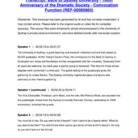 Back to Sydney University - 100th Anniversary of the Dramatic Society - Convocation Function - Transcript
