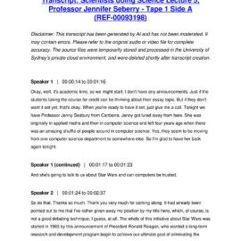 Scientists doing Science Lecture 5, Professor Jennifer Seberry - Tape 1 Side A - Transcript