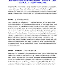 Deane, William Houison Interview - Tape 1 Side A, 1979 - Transcript