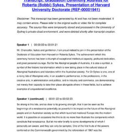 Graduation Ceremony Address for Roberta (Bobbi) Sykes, Presentation of Harvard University Doctorate - Transcript