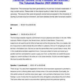 Lecture 10 by Professor MH Brennan - The Tokamak Reactor - Transcript