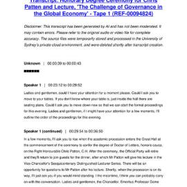 Honorary Degree Ceremony for Chris Patten and Lecture, 'The Challenge of Governance in the Global Economy' - Tape 1 - Transcript