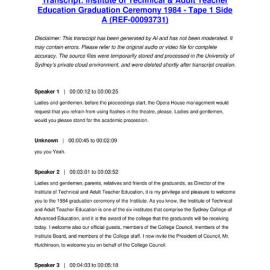 Institute of Technical and Adult Teacher Education Graduation Ceremony 1984 - Tape 1 Side A - Transcript
