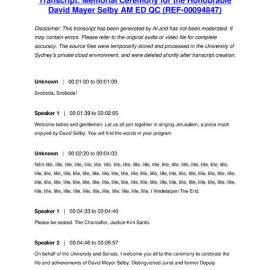 Memorial Ceremony for the Honourable David Mayer Selby AM ED QC - Transcript